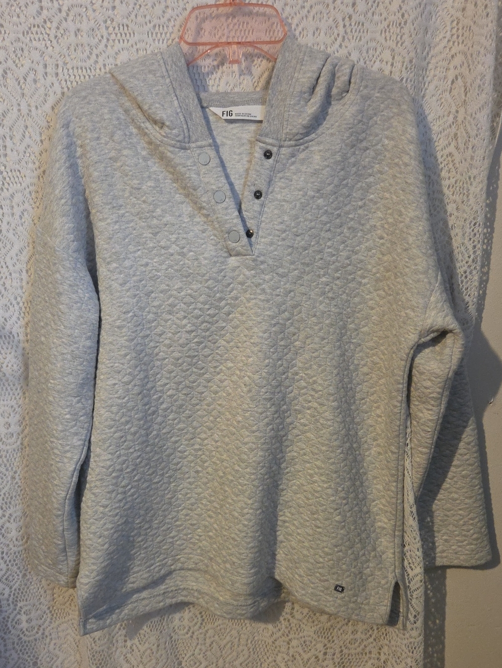 FIG Light Gray Quilted Hooded Pullover Sweater
